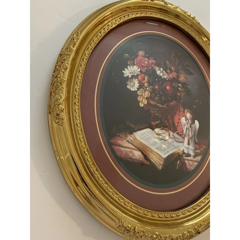 Vtg. Home Interiors Syroco style Floral Frame Bible Verse Angel Print Gold Frame